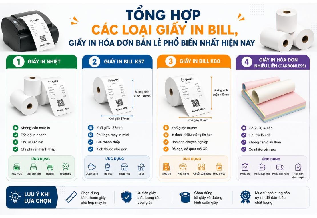 Tổng hợp các loại giấy in bill, giấy in hóa đơn bán lẻ phổ biến nhất hiện nay